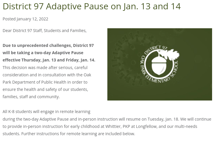 A District 97 communication announces an adaptive pause on in-person learning.