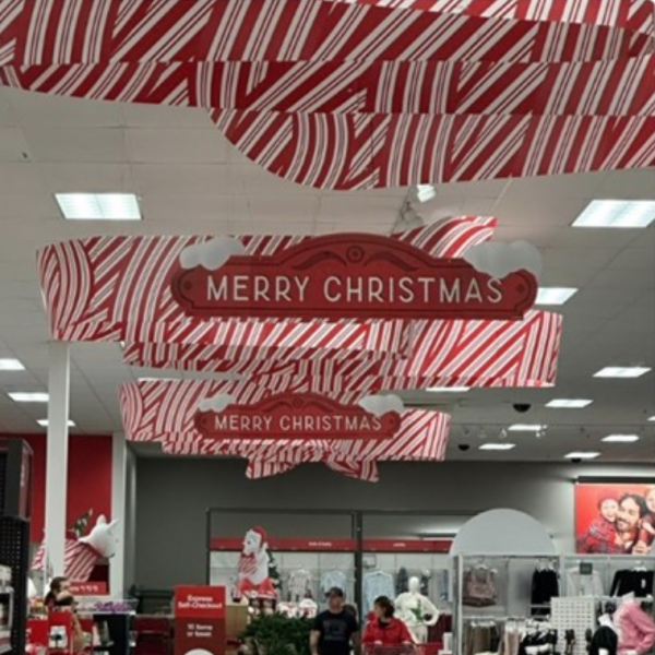 Christmas banners inside a Target store.