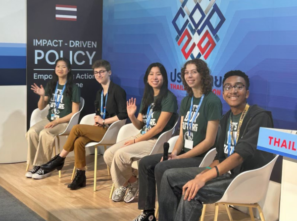 Carissa Chen, Elora Cianciolo, Chloe Zhu, Poppy Booth and Kolagbade Kolawole speaking on a panel at the Thailand Pavilion.