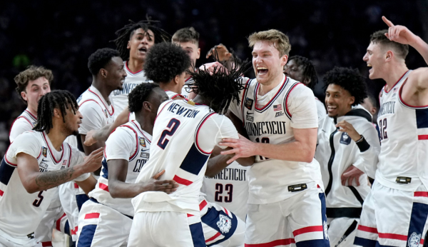 The University of Connecticut Huskies celebrating their national championship victory last season.