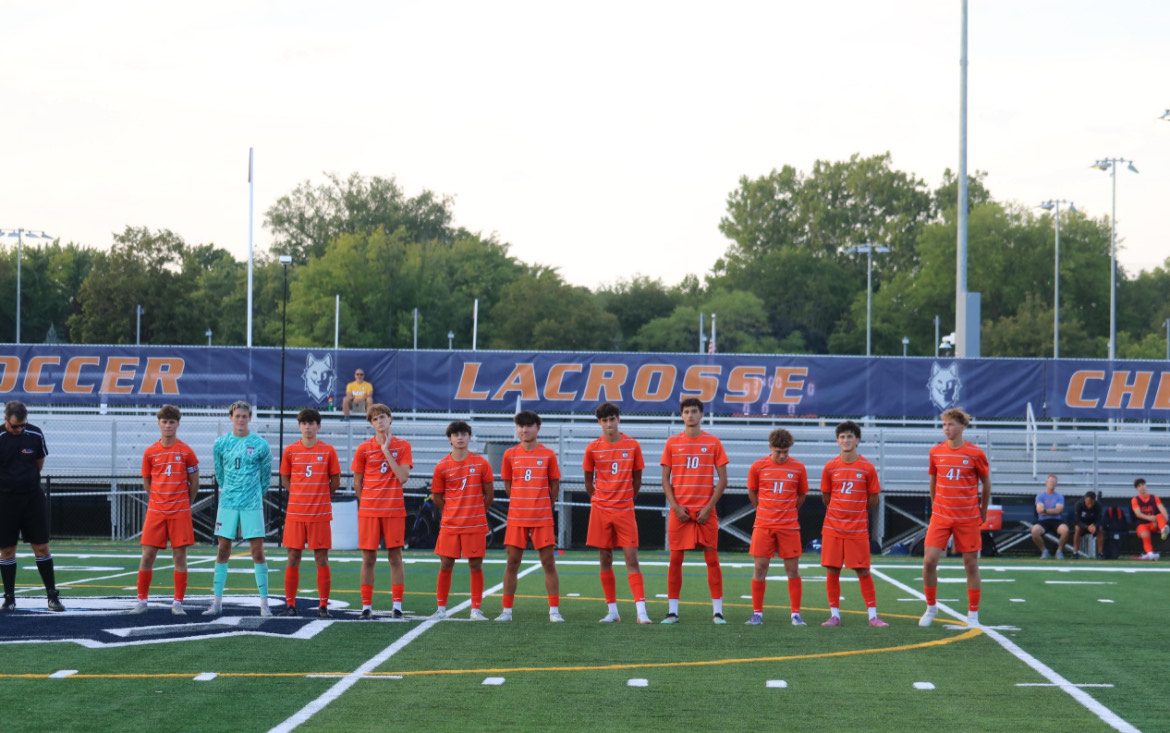 The OPRF boys varsity soccer team lining up before their game against Argo High School.