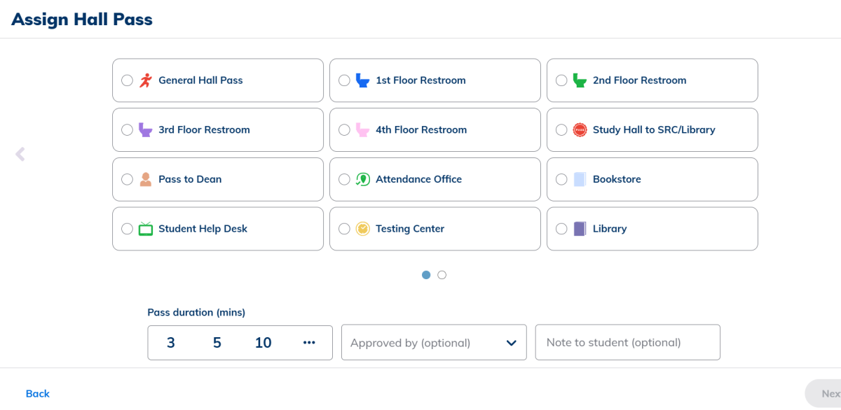 The screen interface for the Minga application, now used to create digital hall passes