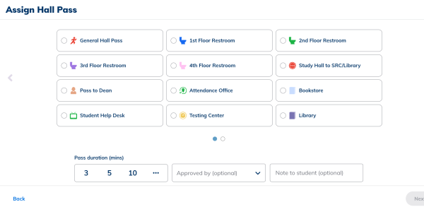 The screen interface for the Minga application, now used to create digital hall passes