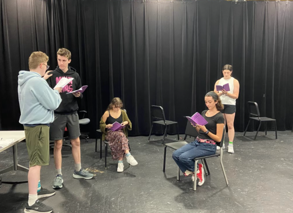 Rowan Neville (left) gives direction to Will O'Connell and the cast of "Perfect Arrangement."