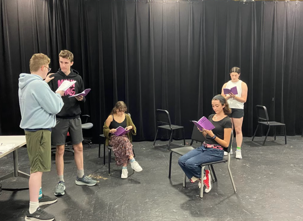 Rowan Neville (left) gives direction to Will O'Connell and the cast of "Perfect Arrangement."
