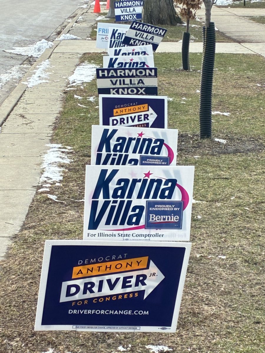 Signs outside an Oak Park polling place during the March 17 primary election