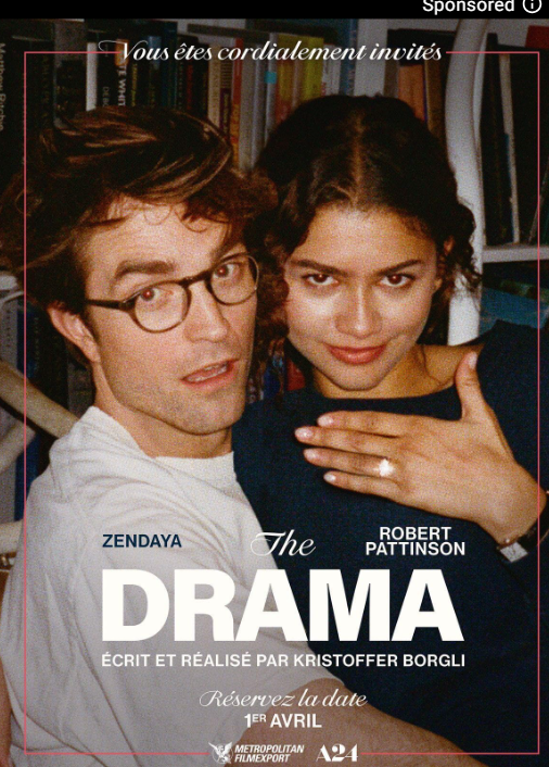 A poster for the A24 film "The Drama," starring Zendaya and Robert Pattinson